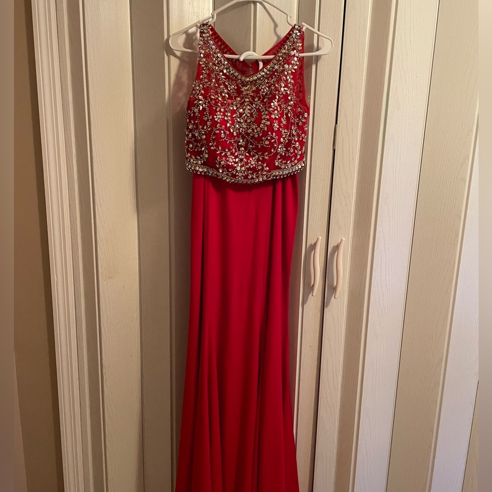 Prom Dress! Two piece. Beautiful red color. Rhinestones on top piece.